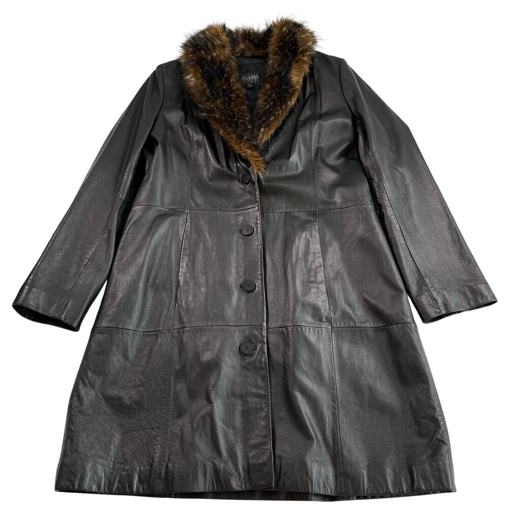 vintage wilsons leather faux fur trim black trench coat pelle studio womens XL